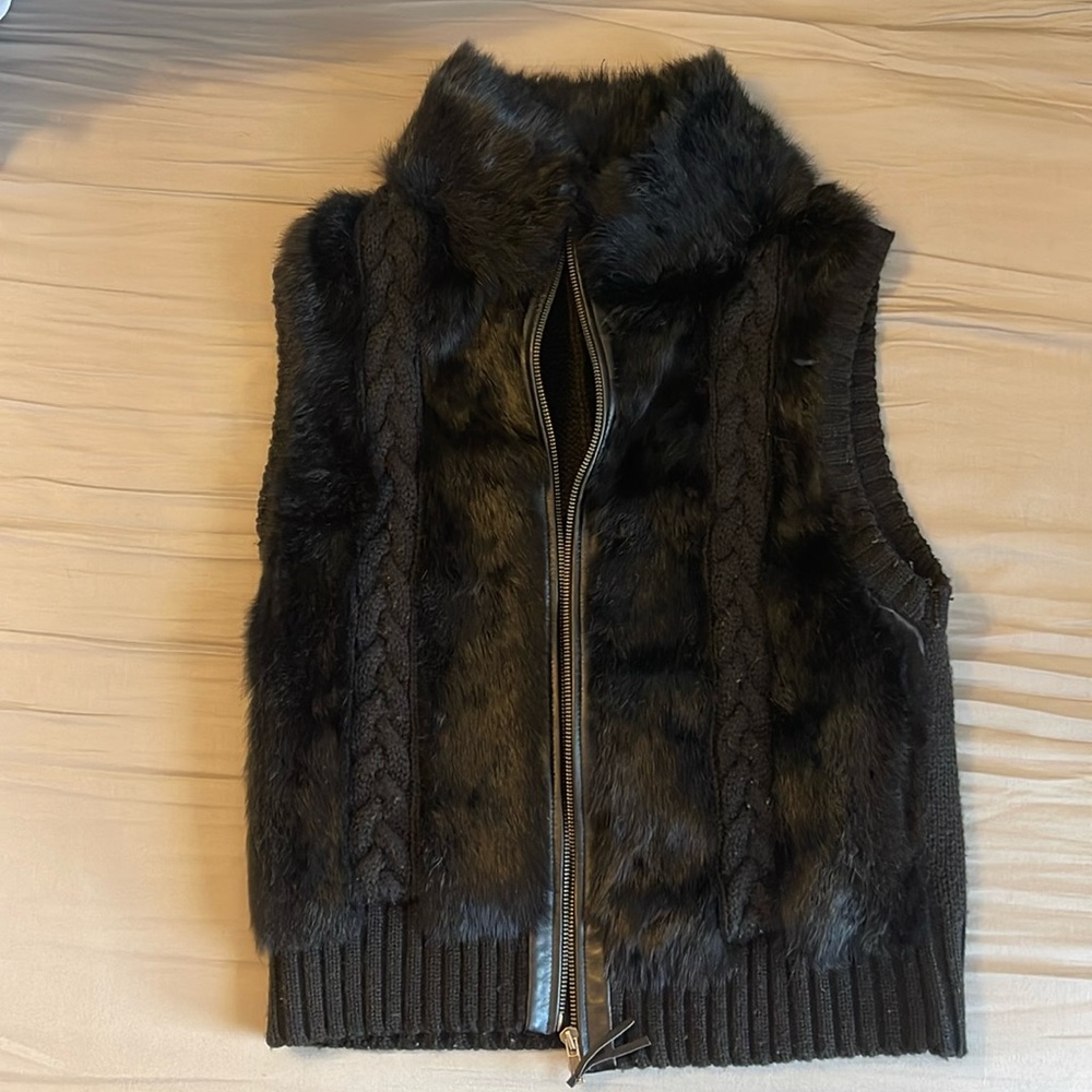 BCBG black rabbit fur and knit vest